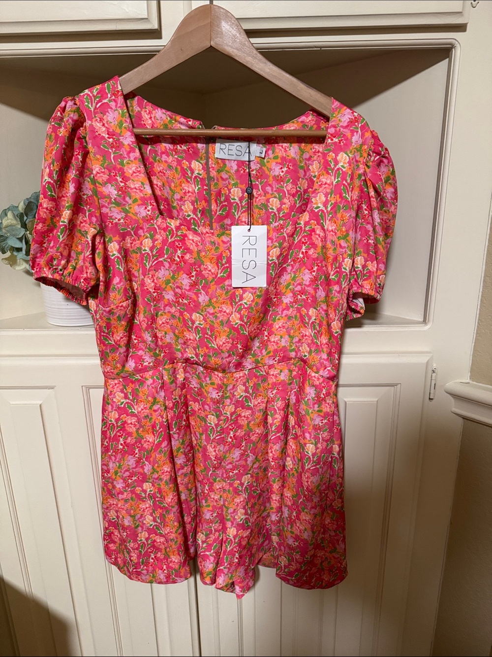 RESA Pink Floral Square-Neck Puff Sleeve Mini Dress